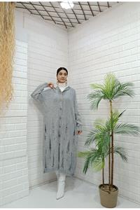 Kadın Kapüşonlu Önü Düğmeli Yırtık Detaylı Ceket Hırka