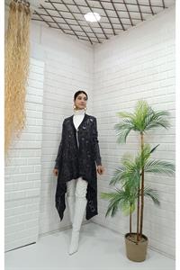 Kadın Tek Düğmeli Asimetrik Kesim Dantelli Hırka