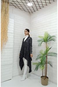 Kadın Tek Düğmeli Asimetrik Kesim Dantelli Hırka