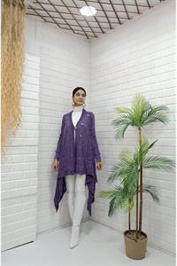 Kadın Tek Düğmeli Asimetrik Kesim Dantelli Hırka