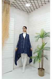 Kadın Tek Düğmeli Asimetrik Kesim Dantelli Hırka