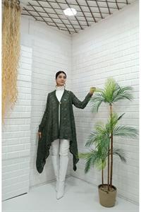 Kadın Tek Düğmeli Asimetrik Kesim Dantelli Hırka