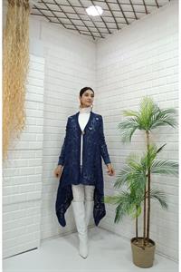 Kadın Tek Düğmeli Asimetrik Kesim Dantelli Hırka