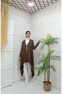 Kadın Tek Düğmeli Asimetrik Kesim Dantelli Hırka