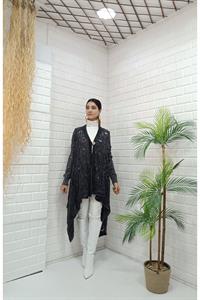 Kadın Tek Düğmeli Asimetrik Kesim Dantelli Hırka