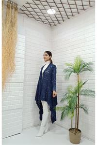 Kadın Tek Düğmeli Asimetrik Kesim Dantelli Hırka