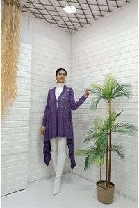 Kadın Tek Düğmeli Asimetrik Kesim Dantelli Hırka