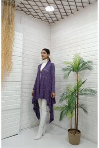 Kadın Tek Düğmeli Asimetrik Kesim Dantelli Hırka