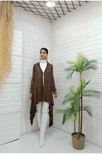 Kadın Tek Düğmeli Asimetrik Kesim Dantelli Hırka