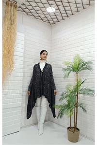 Kadın Tek Düğmeli Asimetrik Kesim Dantelli Hırka