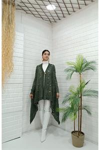 Kadın Tek Düğmeli Asimetrik Kesim Dantelli Hırka