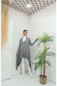 Kadın Tek Düğmeli Asimetrik Kesim Dantelli Hırka