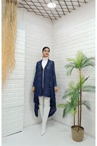 Kadın Tek Düğmeli Asimetrik Kesim Dantelli Hırka