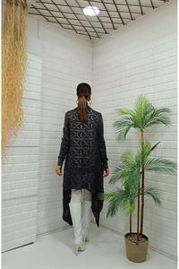 Kadın Tek Düğmeli Asimetrik Kesim Dantelli Hırka