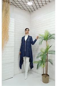 Kadın Tek Düğmeli Asimetrik Kesim Dantelli Hırka