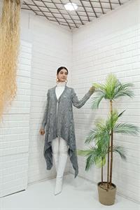 Kadın Tek Düğmeli Asimetrik Kesim Dantelli Hırka