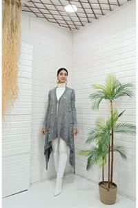 Kadın Tek Düğmeli Asimetrik Kesim Dantelli Hırka