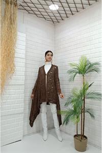 Kadın Tek Düğmeli Asimetrik Kesim Dantelli Hırka