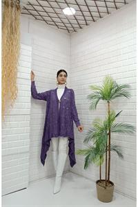 Kadın Tek Düğmeli Asimetrik Kesim Dantelli Hırka