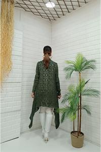 Kadın Tek Düğmeli Asimetrik Kesim Dantelli Hırka