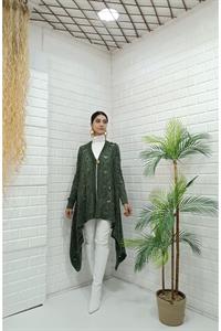 Kadın Tek Düğmeli Asimetrik Kesim Dantelli Hırka