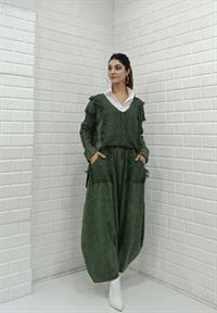 Kadın Ve Yaka Püskül Detaylı Şalvar Takım hakiyeşil
