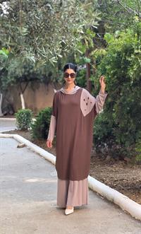 Kapüşonlu salaş penye tunik kahverengi