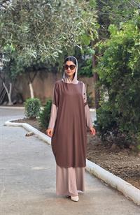 Kapüşonlu salaş penye tunik kahverengi