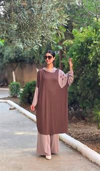 Kapüşonlu salaş penye tunik kahverengi