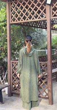 keten kapşonlu uzun gömlek haki yeşil