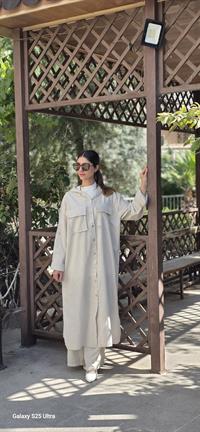 keten kapşonlu uzun gömlek taş rengi