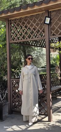 keten kapşonlu uzun gömlek taş rengi