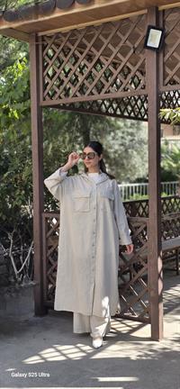 keten kapşonlu uzun gömlek taş rengi