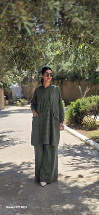 Keten kapüşonlu spor tunik-Haki Yeşil