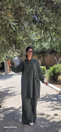 Keten kapüşonlu spor tunik-Haki Yeşil