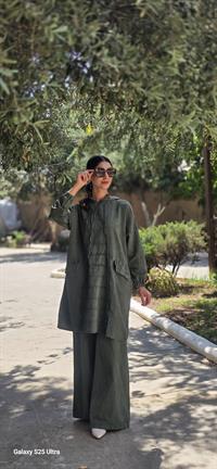 Keten kapüşonlu spor tunik-Haki Yeşil