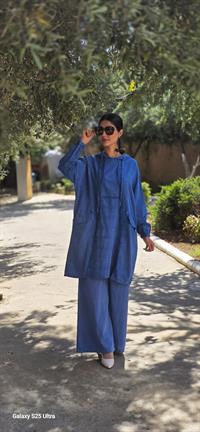 Keten kapüşonlu spor tunik-İndigo Mavi