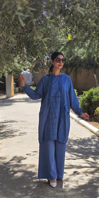 Keten kapüşonlu spor tunik-İndigo Mavi