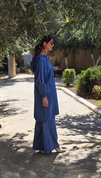 Keten kapüşonlu spor tunik-İndigo Mavi