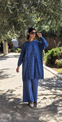 Keten kapüşonlu spor tunik-İndigo Mavi