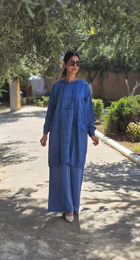 Keten kapüşonlu spor tunik-İndigo Mavi