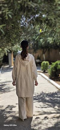 Keten kapüşonlu spor tunik-Taş Rengi