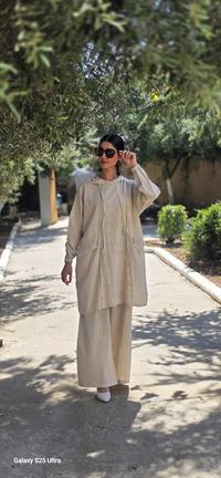 Keten kapüşonlu spor tunik-Taş Rengi