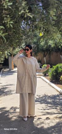 Keten kapüşonlu spor tunik-Taş Rengi