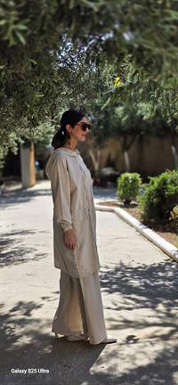 Keten kapüşonlu spor tunik-Taş Rengi