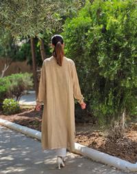 keten salaş patchworklü tunik taş rengi