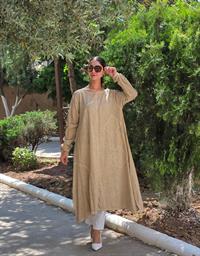 keten salaş patchworklü tunik taş rengi