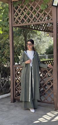 keten salaş tarz hırka kimono-Haki Yeşil