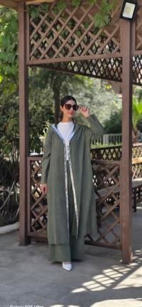 keten salaş tarz hırka kimono-Haki Yeşil