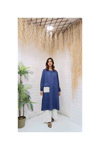 Kök Boya Yıkama Cepli Tunik Mavi